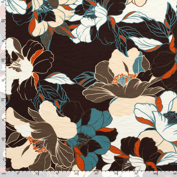 Viscose Nylon Crepe fabric Flowers Dark Brown