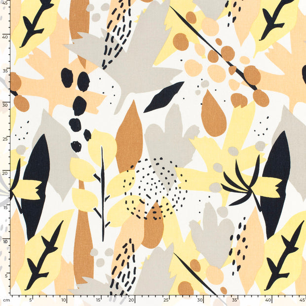 Viscose Lin Chaine et Trame tissu fleurs Jaune Canari