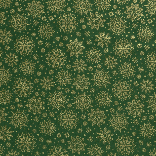 Katoen Poplin stof Kerst sneeuwvlokje Groen