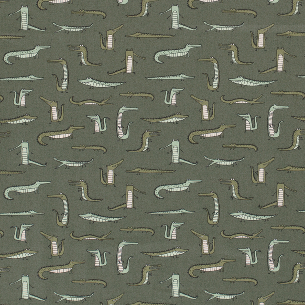 Cotton Poplin fabric Animals Khaki Green