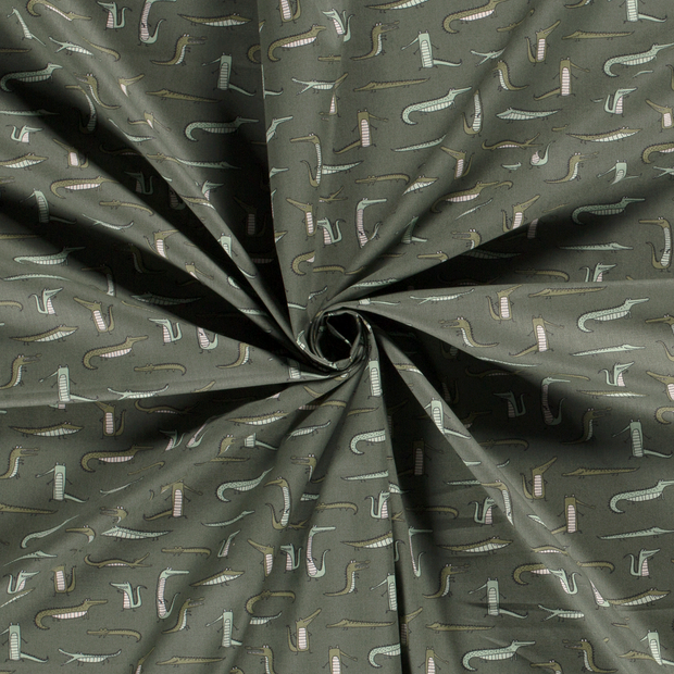 Cotton Poplin fabric Khaki Green printed 