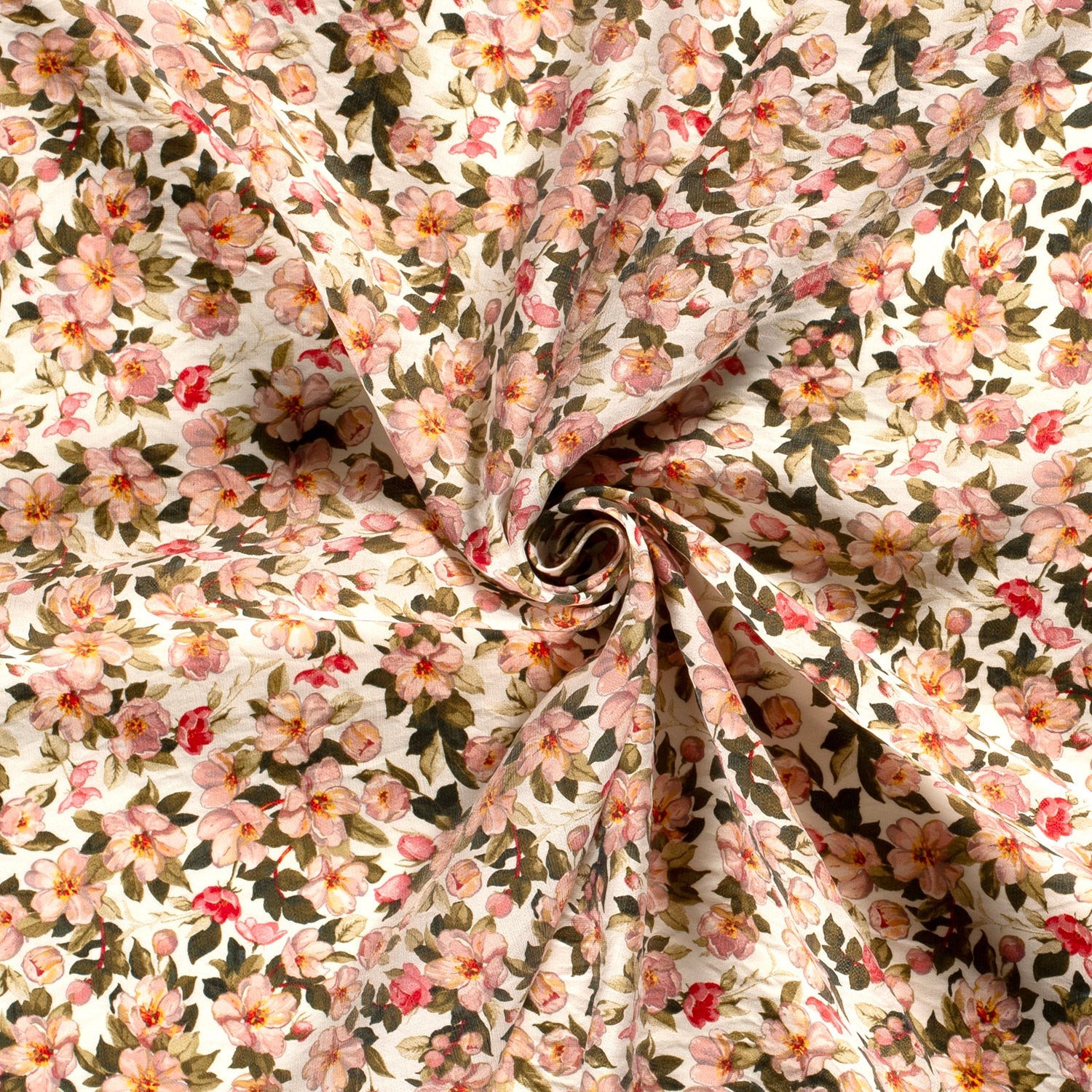 Tejido 100% algodón plumetí vintage con vainicas sobre un fondo en blanco  roto y estampado ramitas con florecitas.