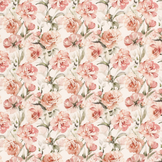 Cotton Jersey fabric Flowers Off White